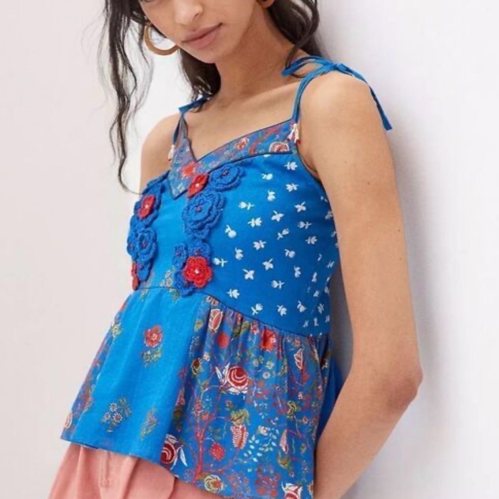 Anthropologie Nikasha Blue Floral Crochet Babydoll Tank Camisole - Picture 3 of 8